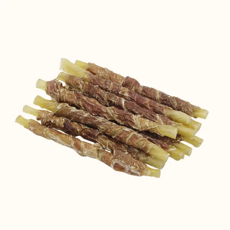Straight pale rawhide dog chew sticks wrapped with dark brown duck meat