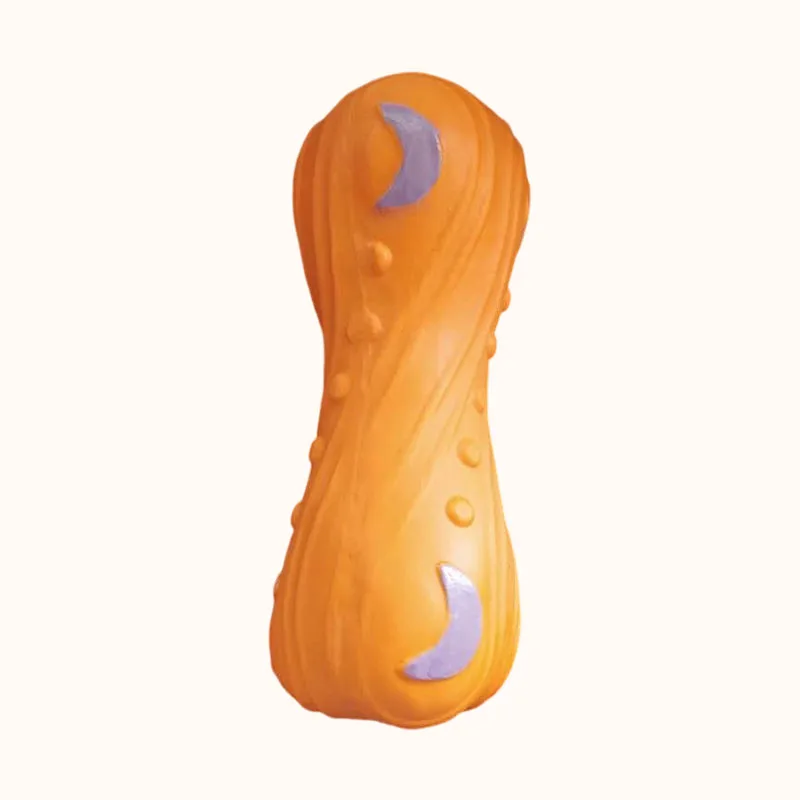 Orange textured dog chew toy with a narrow middle, flowing grooves, raised bumps and purple crescents