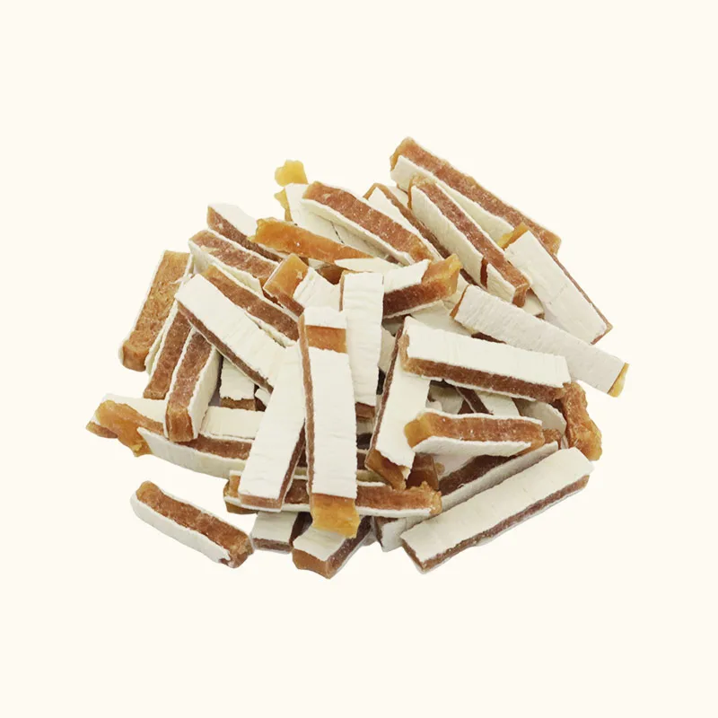 Chicken Pollock Sandwich Strip dog treats with alternating white and brown layers