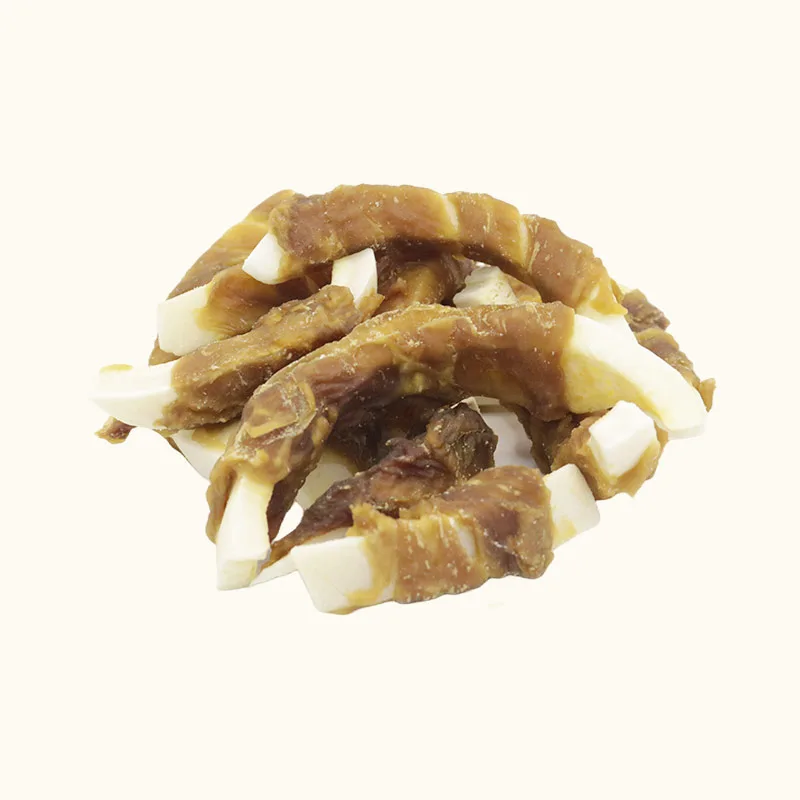 White coconut strips wrapped with brown duck meat for dog treats